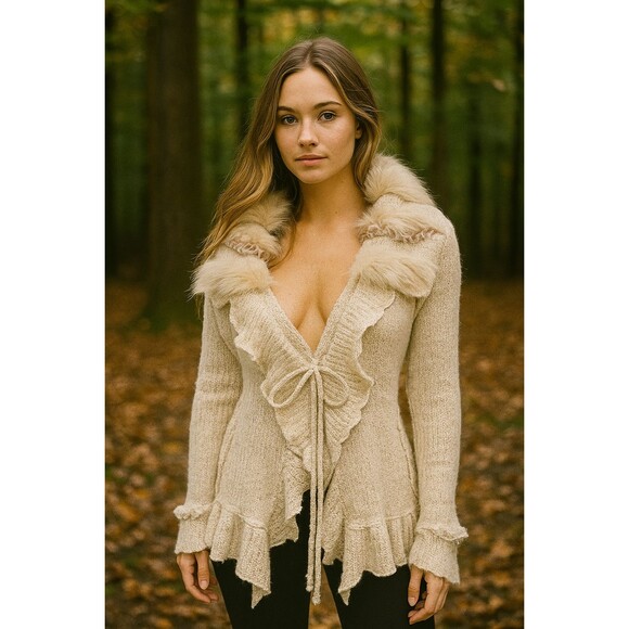 La Seine Sz L Vintage Faux Fur Mixed Media Cardigan Forest Fairy Whimsygoth Soft - Picture 1 of 10